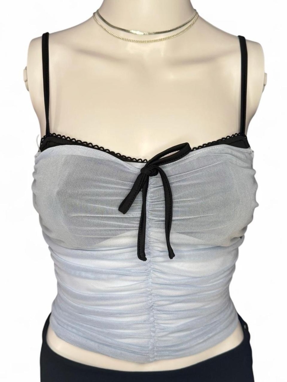 Amazon Women's White and Black Ruched Mesh Tank Top (Size M)